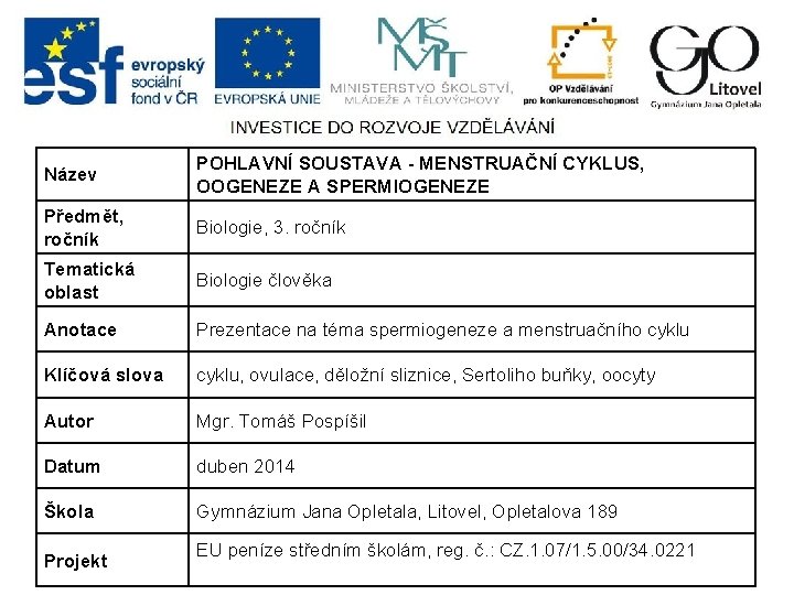 Název POHLAVNÍ SOUSTAVA - MENSTRUAČNÍ CYKLUS, OOGENEZE A SPERMIOGENEZE Předmět, ročník Biologie, 3. ročník