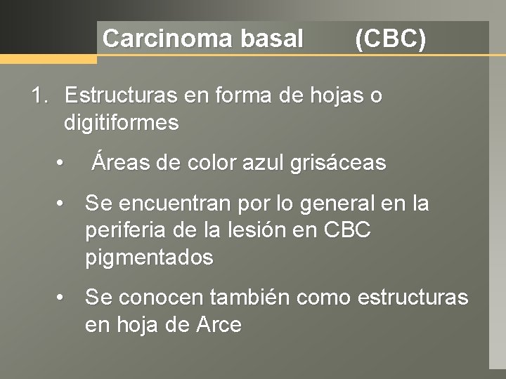 Carcinoma basal (CBC) 1. Estructuras en forma de hojas o digitiformes • Áreas de