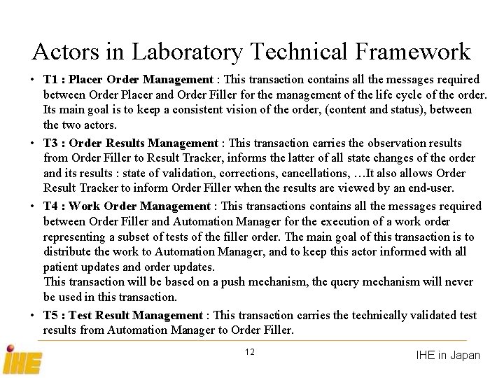 Actors in Laboratory Technical Framework • T 1 : Placer Order Management : This