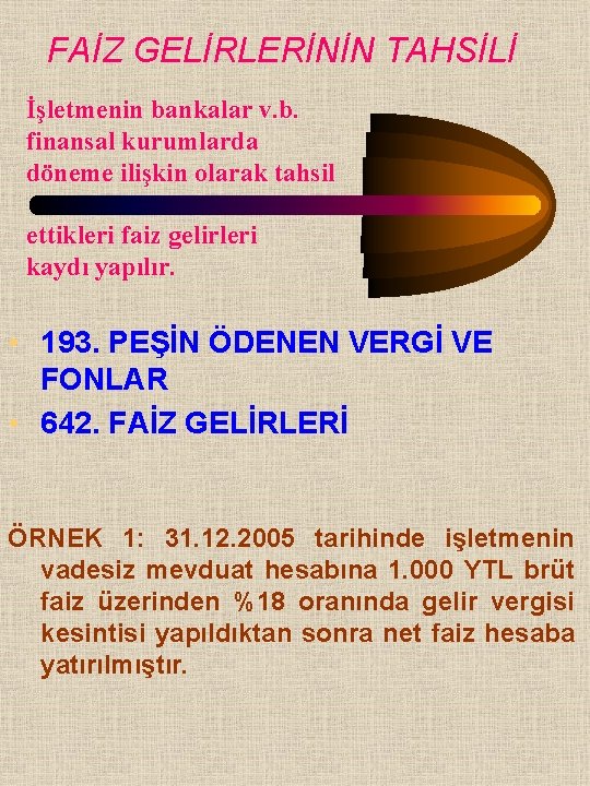 FAİZ GELİRLERİNİN TAHSİLİ İşletmenin bankalar v. b. finansal kurumlarda döneme ilişkin olarak tahsil ettikleri