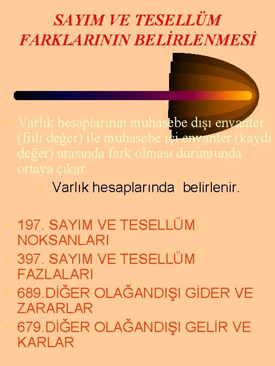 SAYIM VE TESELLÜM FARKLARININ BELİRLENMESİ • Varlık hesaplarının muhasebe dışı envanter (fiili değer) ile