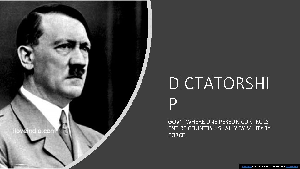 DICTATORSHI P GOV’T WHERE ONE PERSON CONTROLS ENTIRE COUNTRY USUALLY BY MILITARY FORCE. This