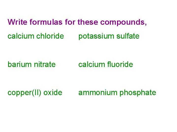 Write formulas for these compounds, calcium chloride potassium sulfate barium nitrate calcium fluoride copper(II)