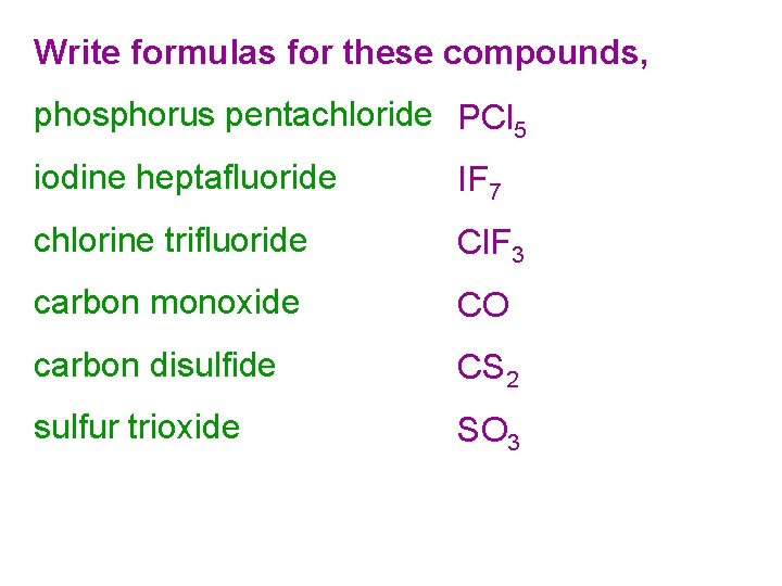 Write formulas for these compounds, phosphorus pentachloride PCl 5 iodine heptafluoride IF 7 chlorine