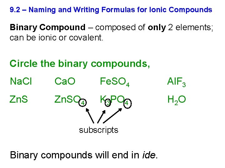 9. 2 – Naming and Writing Formulas for Ionic Compounds Binary Compound – composed