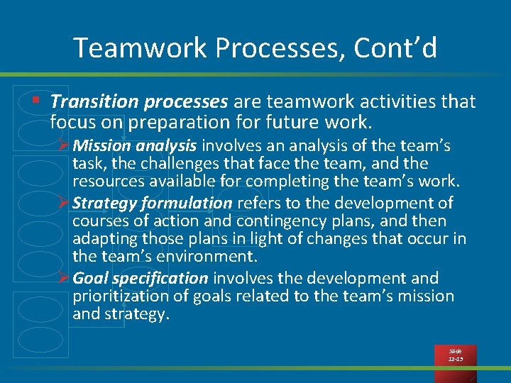 Teamwork Processes, Cont’d § Transition processes are teamwork activities that focus on preparation for