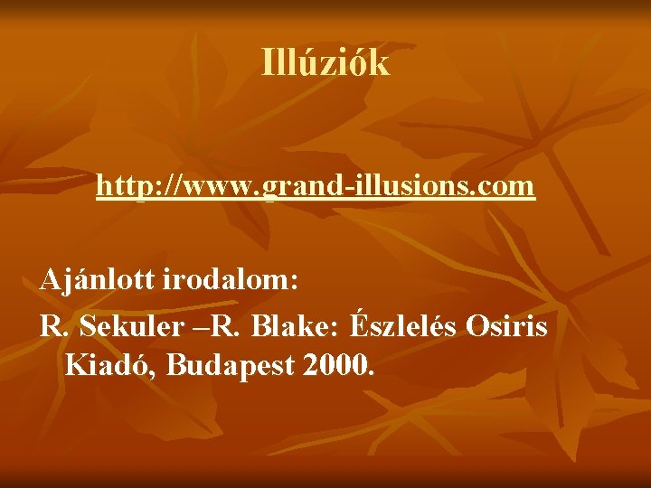 Illúziók http: //www. grand-illusions. com Ajánlott irodalom: R. Sekuler –R. Blake: Észlelés Osiris Kiadó,