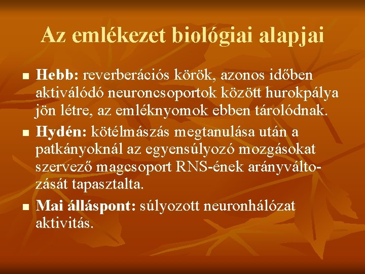 Az emlékezet biológiai alapjai n n n Hebb: reverberációs körök, azonos időben aktiválódó neuroncsoportok