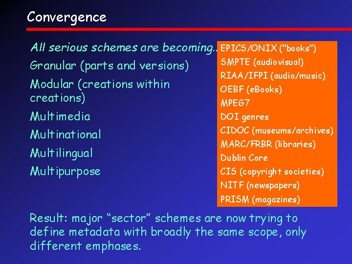 Convergence All serious schemes are becoming. . . EPICS/ONIX (“books”) Granular (parts and versions)