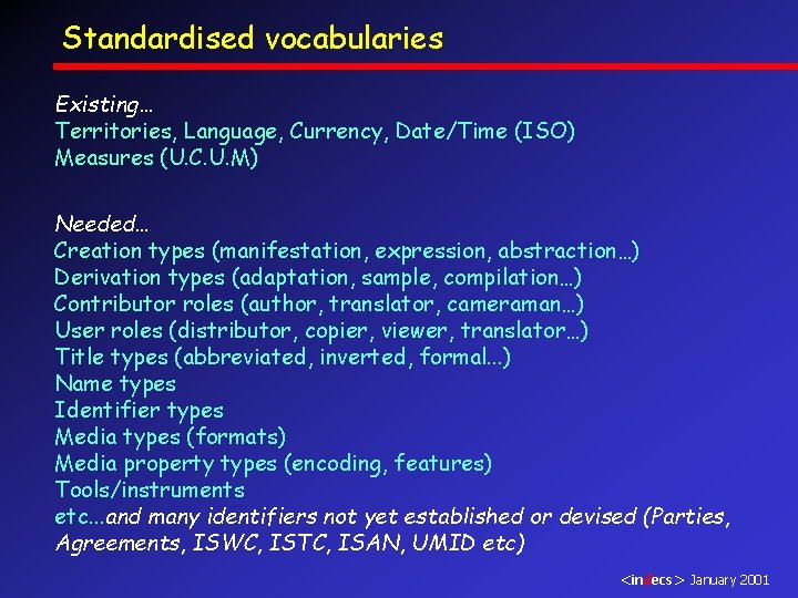 Standardised vocabularies Existing… Territories, Language, Currency, Date/Time (ISO) Measures (U. C. U. M) Needed…