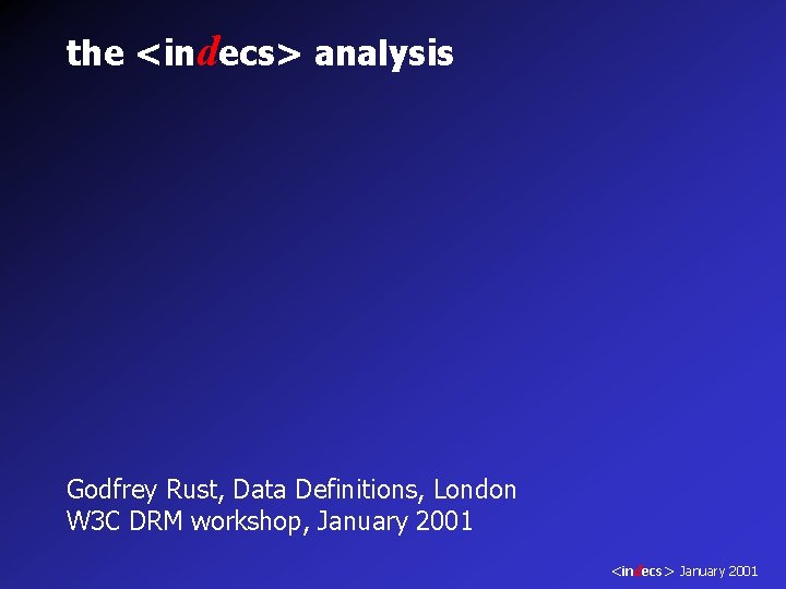 the <indecs> analysis Godfrey Rust, Data Definitions, London W 3 C DRM workshop, January