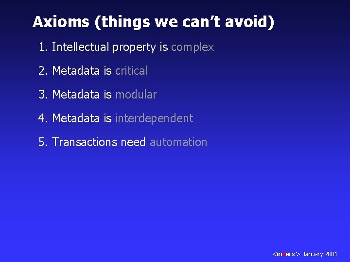 Axioms (things we can’t avoid) 1. Intellectual property is complex 2. Metadata is critical