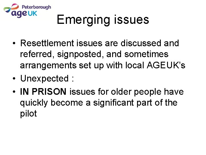 Emerging issues • Resettlement issues are discussed and referred, signposted, and sometimes arrangements set Emerging issues • Resettlement issues are discussed and referred, signposted, and sometimes arrangements set