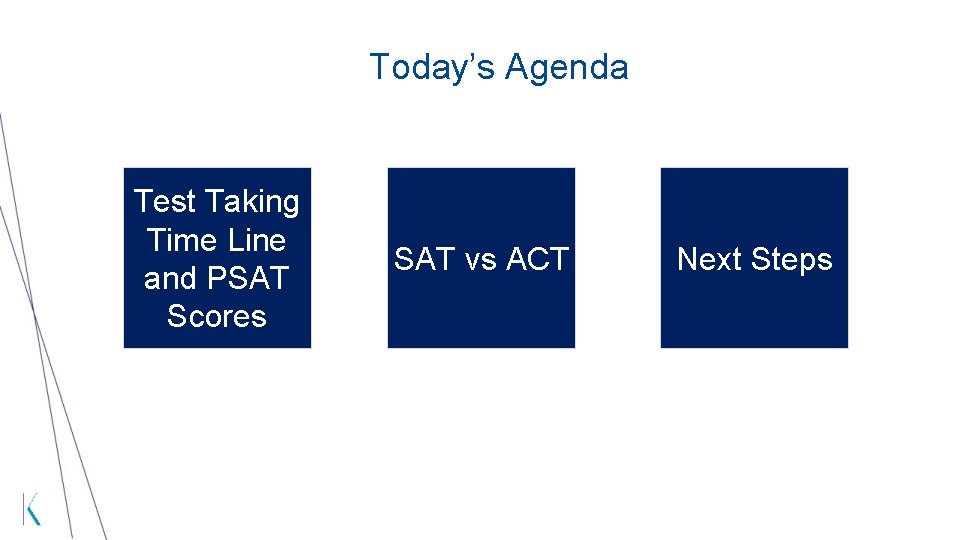 Today’s Agenda Test Taking Time Line and PSAT Scores SAT vs ACT Next Steps