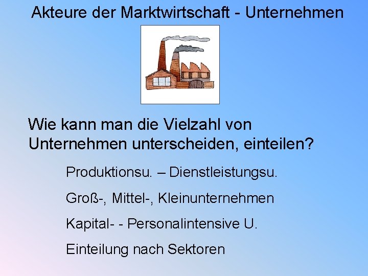 Akteure der Marktwirtschaft - Unternehmen Wie kann man die Vielzahl von Unternehmen unterscheiden, einteilen?