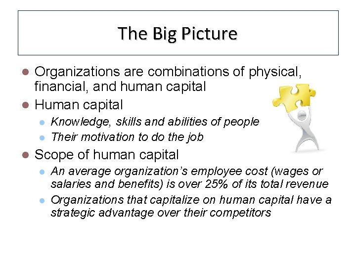 The Big Picture Organizations are combinations of physical, financial, and human capital l Human