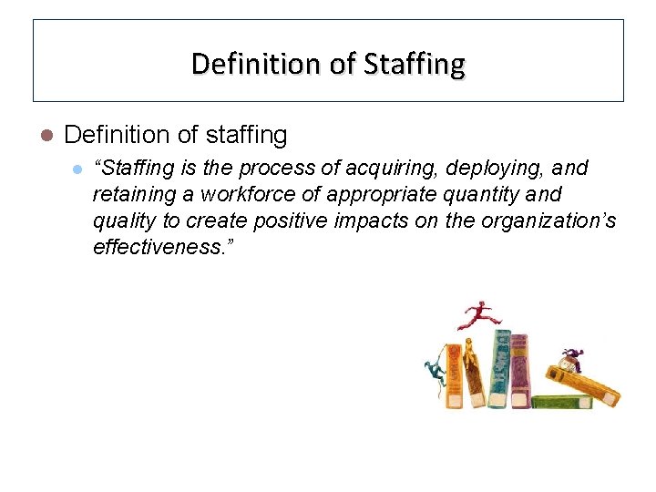 Definition of Staffing l Definition of staffing l “Staffing is the process of acquiring,