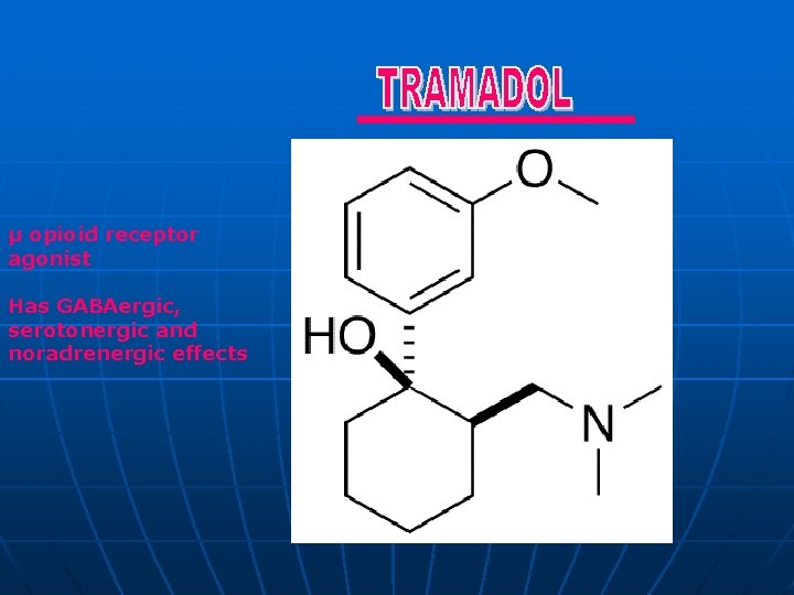 μ opioid receptor agonist Has GABAergic, serotonergic and noradrenergic effects 