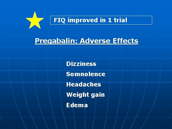 FIQ improved in 1 trial Pregabalin: Adverse Effects Dizziness Somnolence Headaches Weight gain Edema