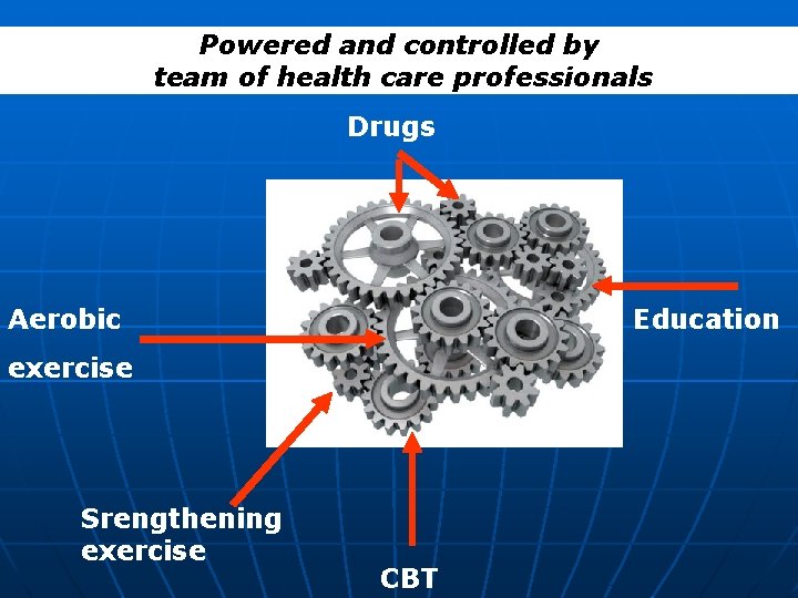 Powered and controlled by team of health care professionals Drugs Aerobic Education exercise Srengthening