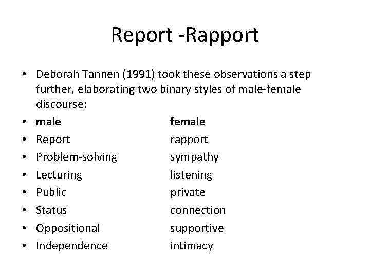 Report -Rapport • Deborah Tannen (1991) took these observations a step further, elaborating two