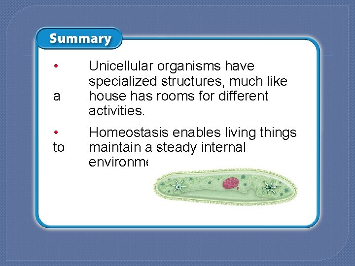  • a • to Unicellular organisms have specialized structures, much like house has