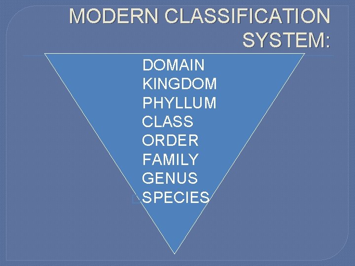 MODERN CLASSIFICATION SYSTEM: �DOMAIN �KINGDOM �PHYLLUM �CLASS �ORDER �FAMILY �GENUS �SPECIES 