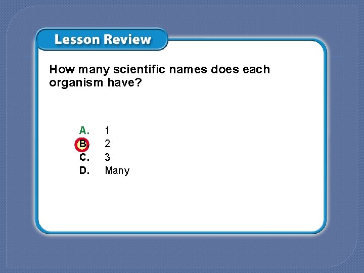 How many scientific names does each organism have? A. B. C. D. 1 2