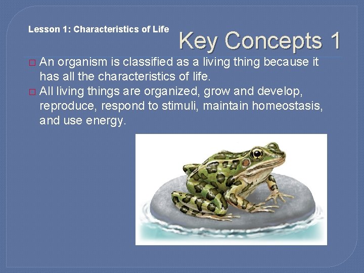 Lesson 1: Characteristics of Life Key Concepts 1 An organism is classified as a
