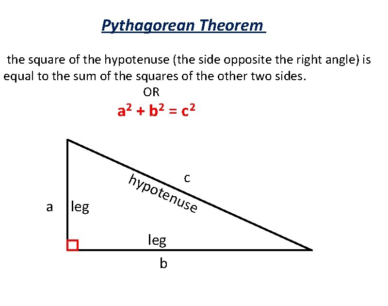Pythagorean Theorem the square of the hypotenuse (the side opposite the right angle) is