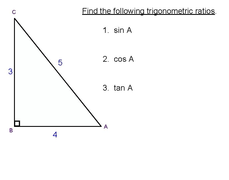 Find the following trigonometric ratios. C 1. sin A 5 3 2. cos A