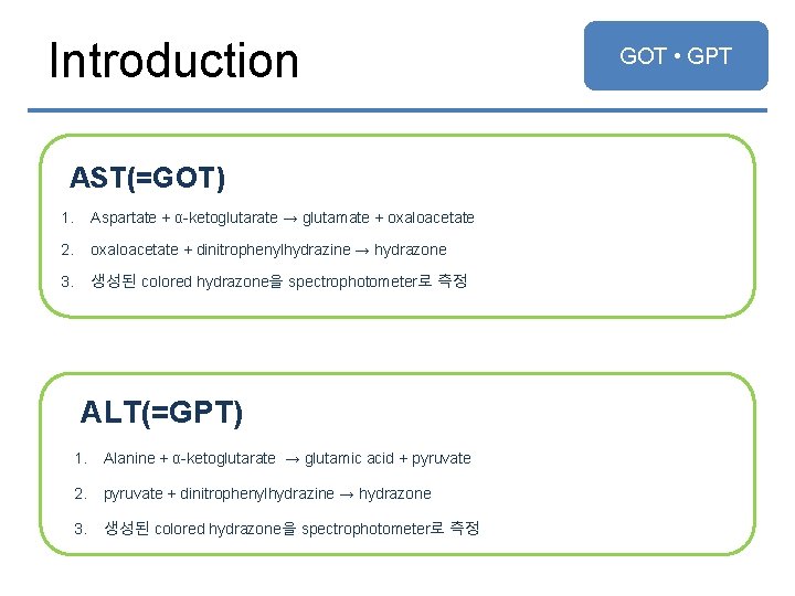 Introduction AST(=GOT) 1. Aspartate + α-ketoglutarate → glutamate + oxaloacetate 2. oxaloacetate + dinitrophenylhydrazine