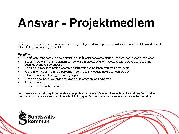 Ansvar - Projektmedlem Projektgruppens medlemmar har som huvuduppgift att genomföra de planerade aktiviteter som Ansvar - Projektmedlem Projektgruppens medlemmar har som huvuduppgift att genomföra de planerade aktiviteter som