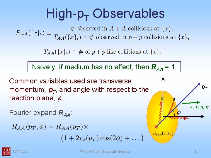 High-p. T Observables Naively: if medium has no effect, then RAA = 1 Common High-p. T Observables Naively: if medium has no effect, then RAA = 1 Common