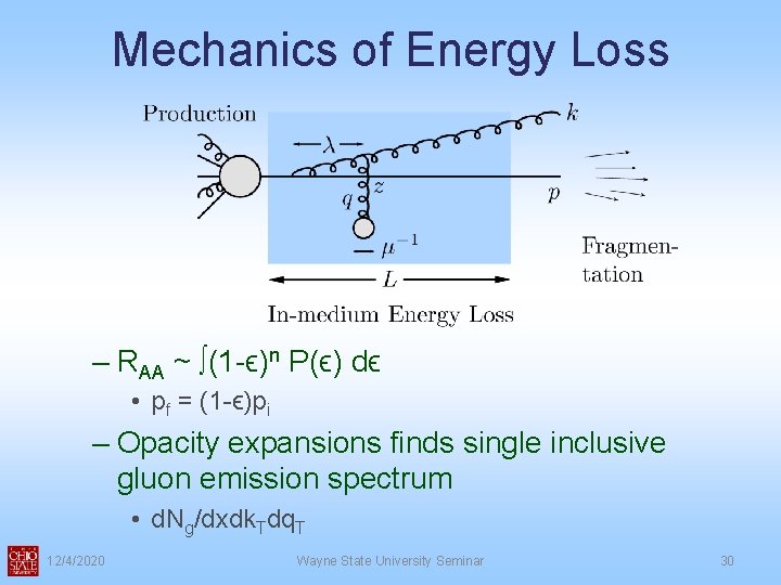 Mechanics of Energy Loss – RAA ~ ∫(1 -ϵ)n P(ϵ) dϵ • pf = Mechanics of Energy Loss – RAA ~ ∫(1 -ϵ)n P(ϵ) dϵ • pf =