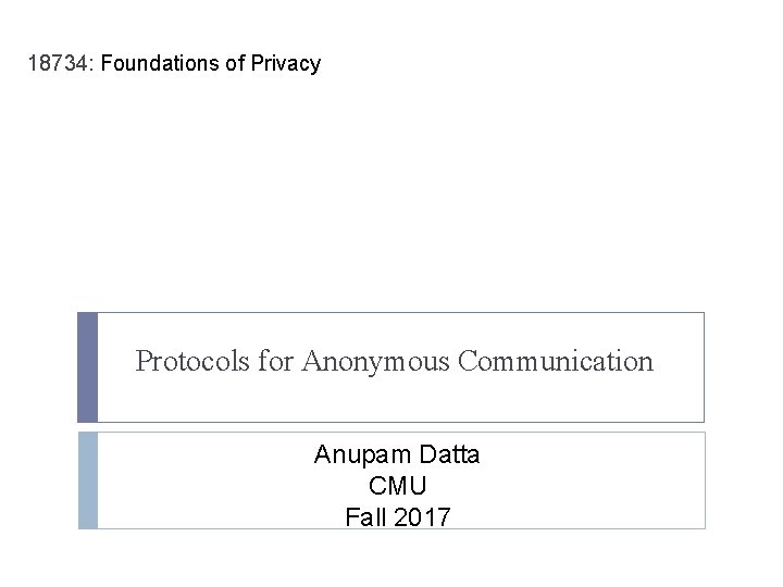 18734: Foundations of Privacy Protocols for Anonymous Communication Anupam Datta CMU Fall 2017 