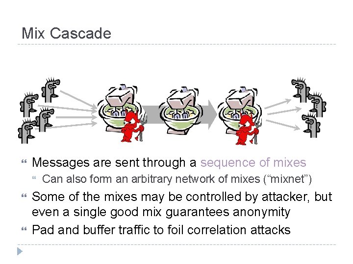 Mix Cascade Messages are sent through a sequence of mixes Can also form an