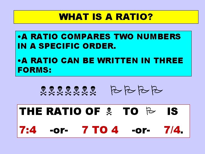WHAT IS A RATIO? • A RATIO COMPARES TWO NUMBERS IN A SPECIFIC ORDER.