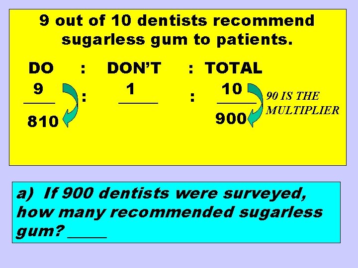 9 out of 10 dentists recommend sugarless gum to patients. DO 9 ____ 810