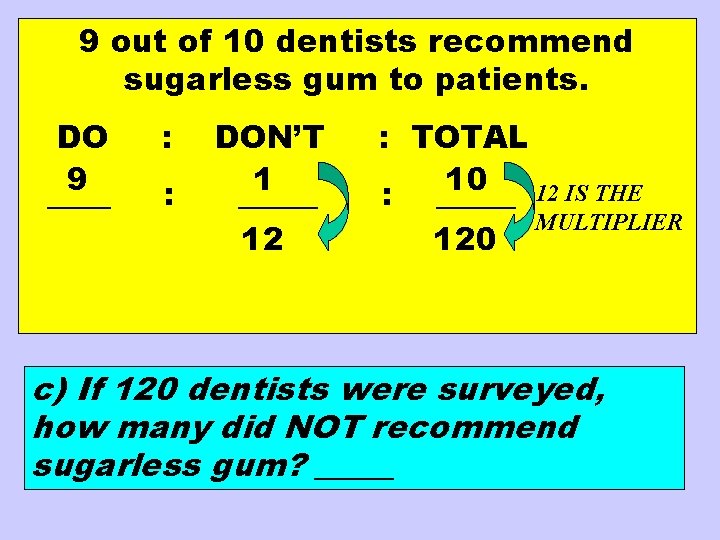 9 out of 10 dentists recommend sugarless gum to patients. DO 9 ____ :