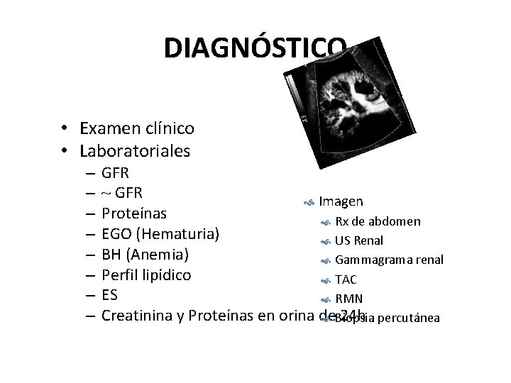 DIAGNÓSTICO • Examen clínico • Laboratoriales – – – – IRC GFR ~ GFR DIAGNÓSTICO • Examen clínico • Laboratoriales – – – – IRC GFR ~ GFR