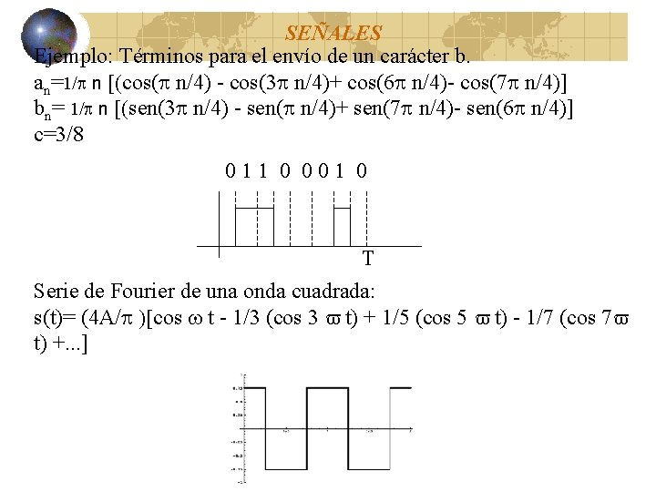 SEÑALES Ejemplo: Términos para el envío de un carácter b. an=1/p n [(cos(p n/4) SEÑALES Ejemplo: Términos para el envío de un carácter b. an=1/p n [(cos(p n/4)