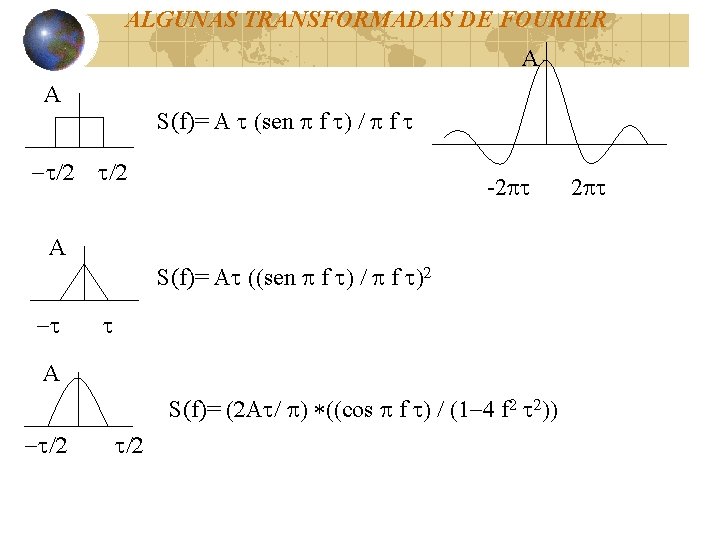 ALGUNAS TRANSFORMADAS DE FOURIER A A S(f)= A t (sen p f t) / ALGUNAS TRANSFORMADAS DE FOURIER A A S(f)= A t (sen p f t) /
