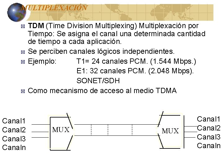 MULTIPLEXACIÓN TDM (Time Division Multiplexing) Multiplexación por Tiempo: Se asigna el canal una determinada MULTIPLEXACIÓN TDM (Time Division Multiplexing) Multiplexación por Tiempo: Se asigna el canal una determinada