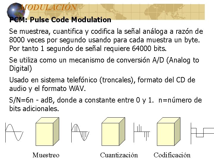MODULACIÓN PCM: Pulse Code Modulation Se muestrea, cuantifica y codifica la señal análoga a MODULACIÓN PCM: Pulse Code Modulation Se muestrea, cuantifica y codifica la señal análoga a