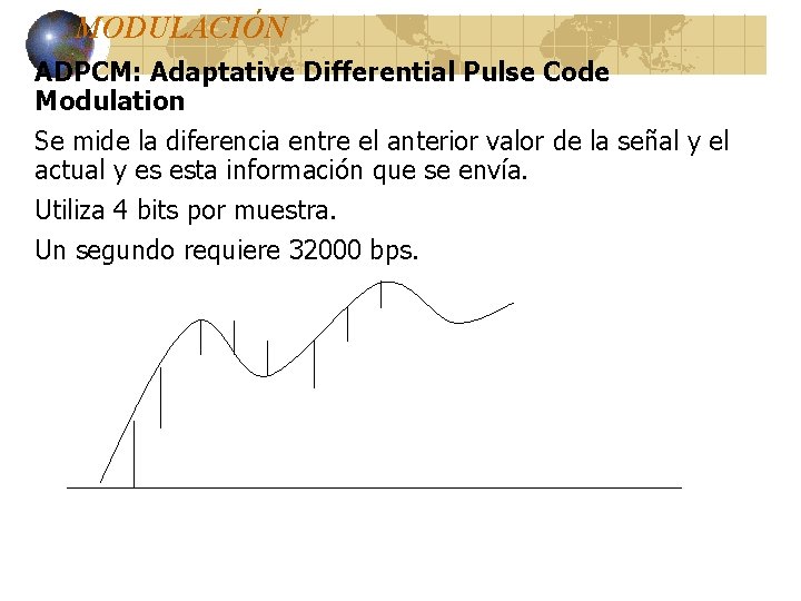 MODULACIÓN ADPCM: Adaptative Differential Pulse Code Modulation Se mide la diferencia entre el anterior MODULACIÓN ADPCM: Adaptative Differential Pulse Code Modulation Se mide la diferencia entre el anterior