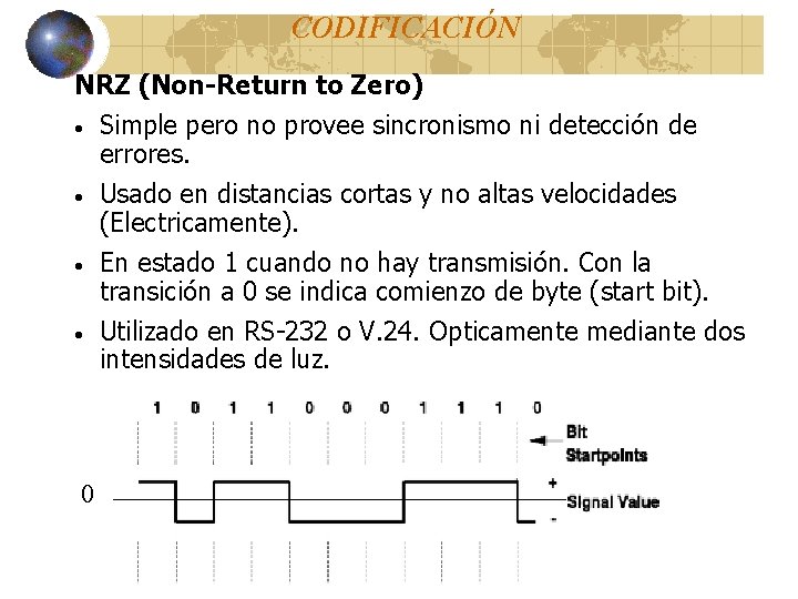CODIFICACIÓN NRZ (Non-Return to Zero) · Simple pero no provee sincronismo ni detección de CODIFICACIÓN NRZ (Non-Return to Zero) · Simple pero no provee sincronismo ni detección de