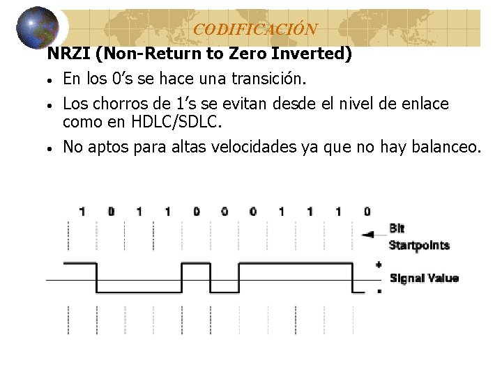 CODIFICACIÓN NRZI (Non-Return to Zero Inverted) · En los 0’s se hace una transición. CODIFICACIÓN NRZI (Non-Return to Zero Inverted) · En los 0’s se hace una transición.