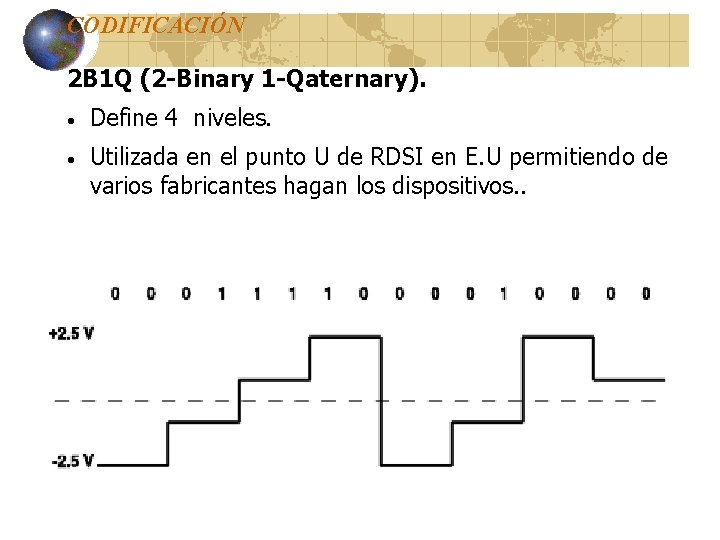 CODIFICACIÓN 2 B 1 Q (2 -Binary 1 -Qaternary). · Define 4 niveles. · CODIFICACIÓN 2 B 1 Q (2 -Binary 1 -Qaternary). · Define 4 niveles. ·