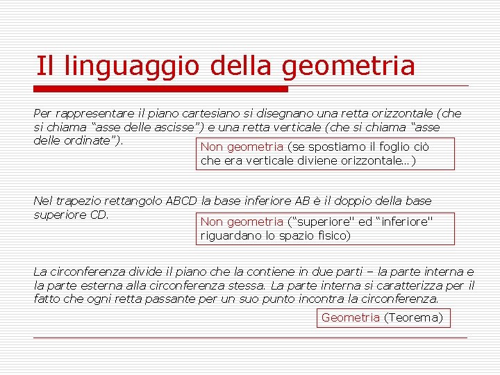 Il linguaggio della geometria Per rappresentare il piano cartesiano si disegnano una retta orizzontale